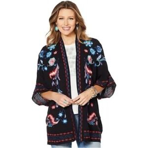 CURATIONS Embroidered Black Kimono Cardigan Boho Floral Lightweight M L